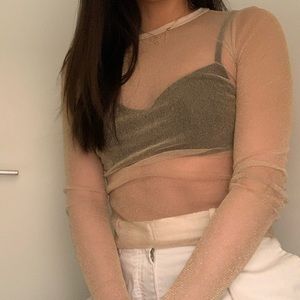 Sheer, beige, shimmery long sleeve top